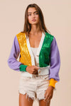 BiBi Mardi Gras color-blocked sequin cardigan with purple sleeves