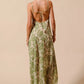 SO ME damask floral maxi dress back view with green cream pattern tie detail