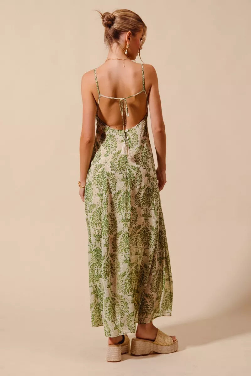 SO ME damask floral maxi dress back view with green cream pattern tie detail