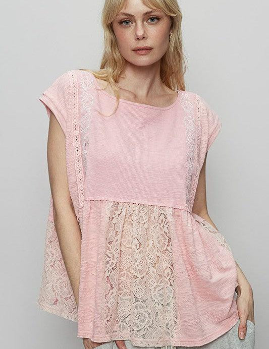 Blush Pink S POL Embroidered Detail Boat Neck Cap Sleeve Lace Blouse | Blouses Daverri Fashions