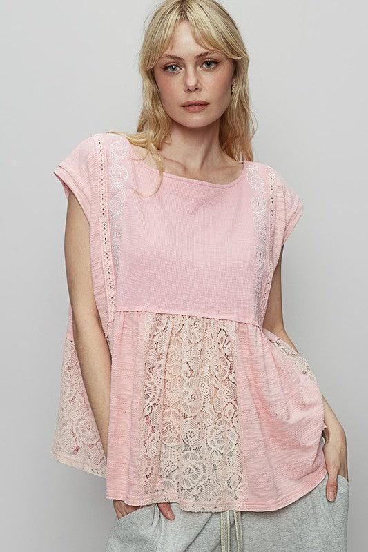 Blush Pink S POL Embroidered Detail Boat Neck Cap Sleeve Lace Blouse | Blouses Daverri Fashions