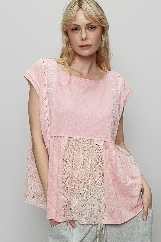 POL Embroidered Detail Boat Neck Cap Sleeve Lace Blouse Blush Pink Blouses