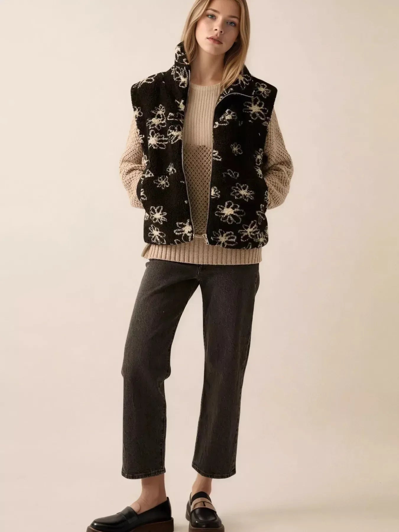 Zip Up Vest Coat with Pockets - DAVERRI FASHIONS