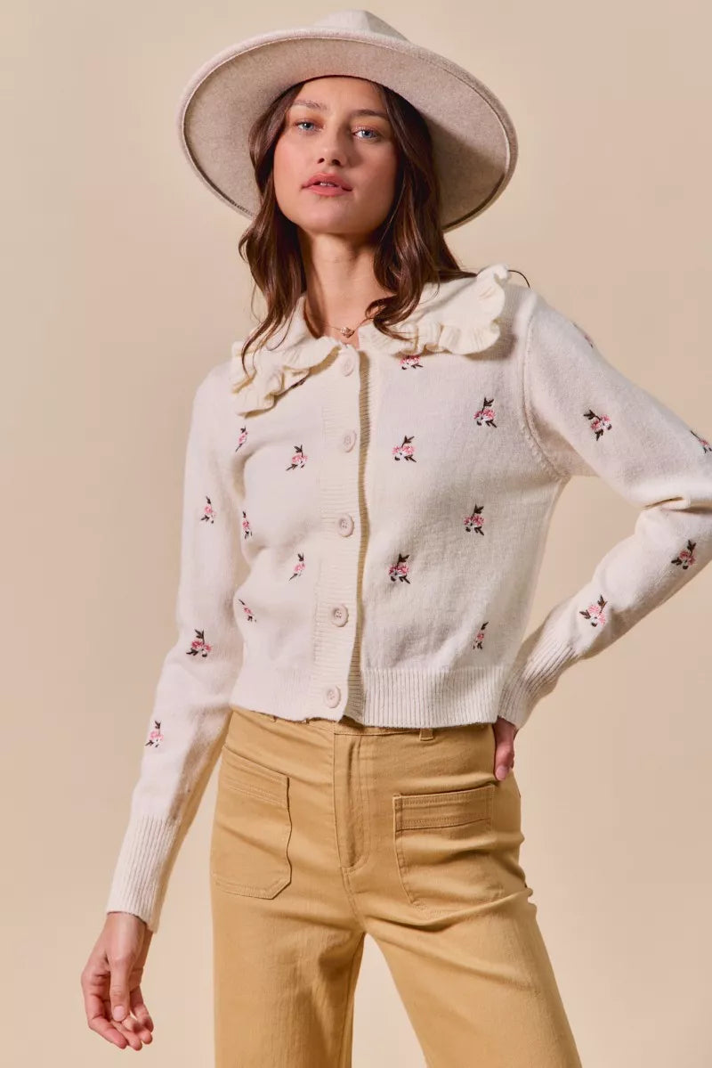 SO ME Collared Floral Embroidered Button Down Sweater Cardigan | Cardigans Daverri Fashions