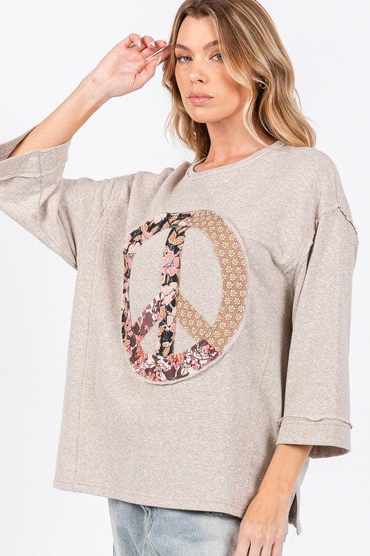 SAGE + FIG Floral Peace Patch Round Neck Top Oatmeal S Tops