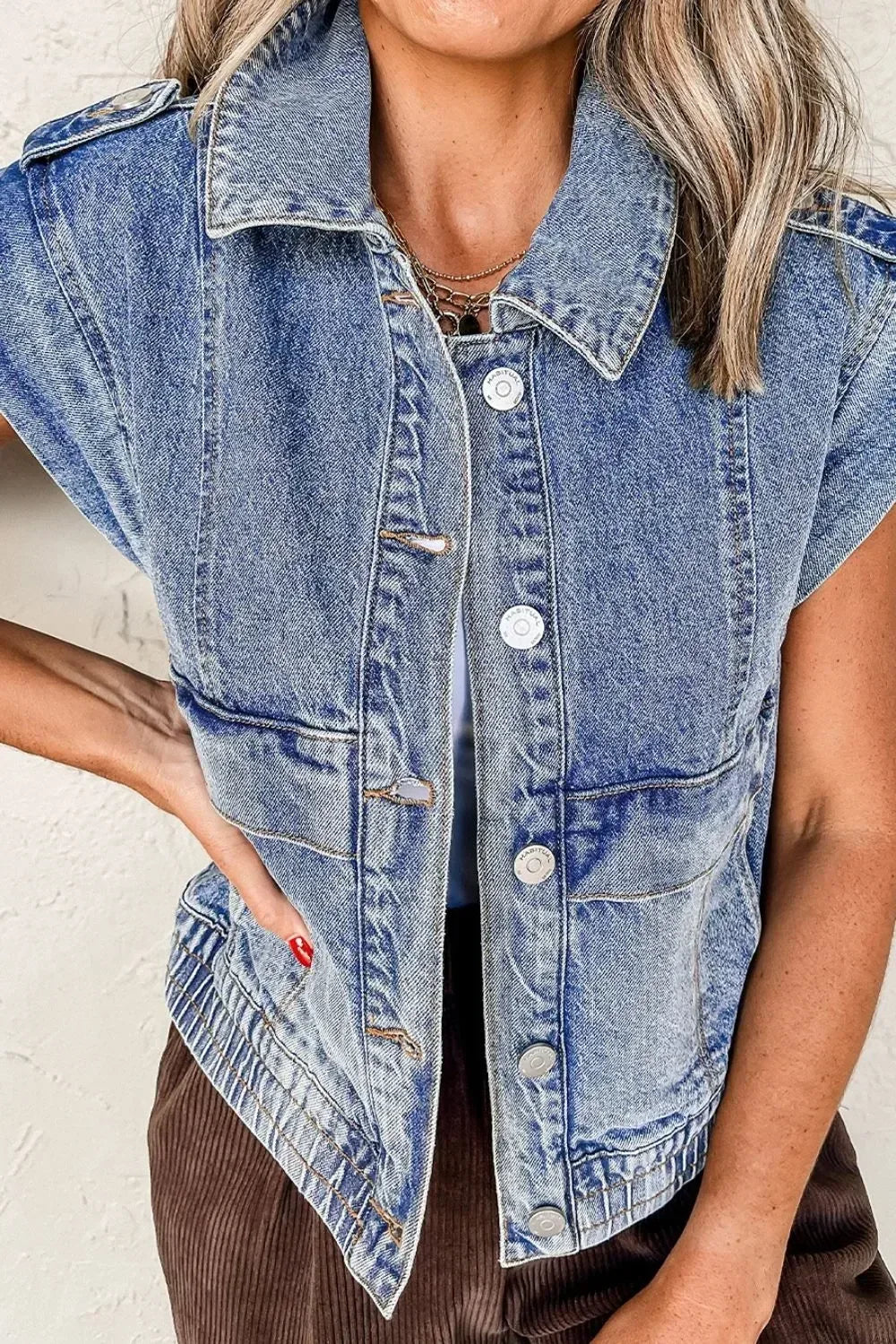 Button Up Cap Sleeve Denim Jacket - DAVERRI FASHIONS