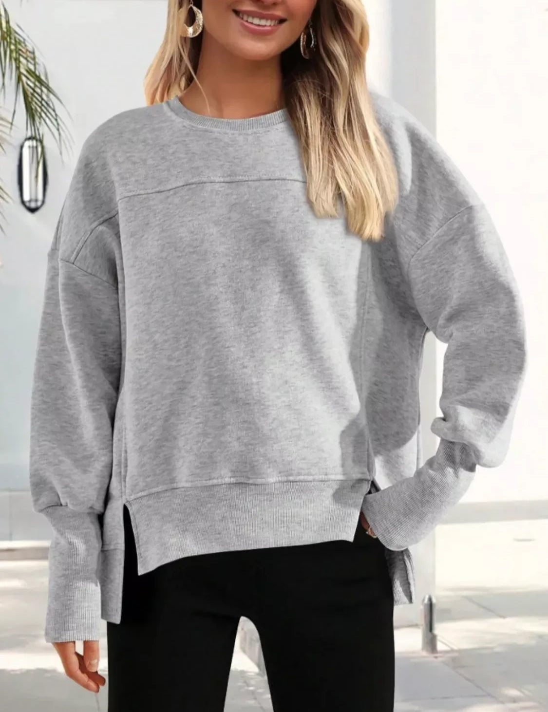 Daverri Fashions Casual Loose Side Slit Sweatshirt - DAVERRI FASHIONS