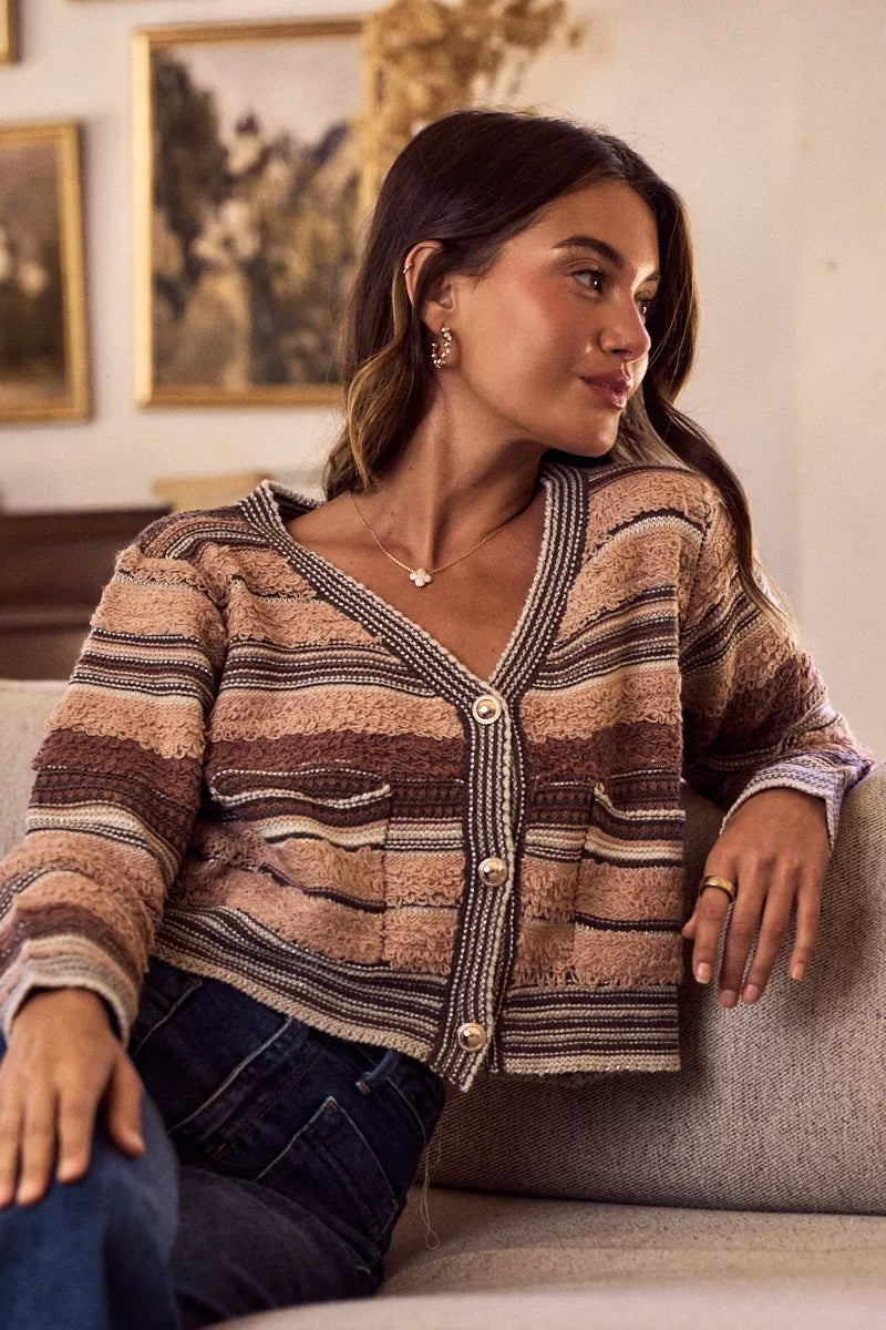 SO ME textured variegated multi-color striped cardigan in earthy tones