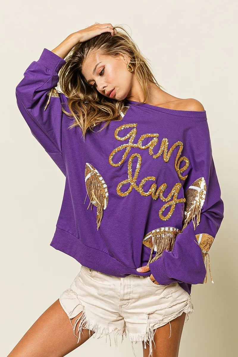BiBi Sequin Football Patches Game Day Sweatshirt | Sweatshirts Daverri Fashions