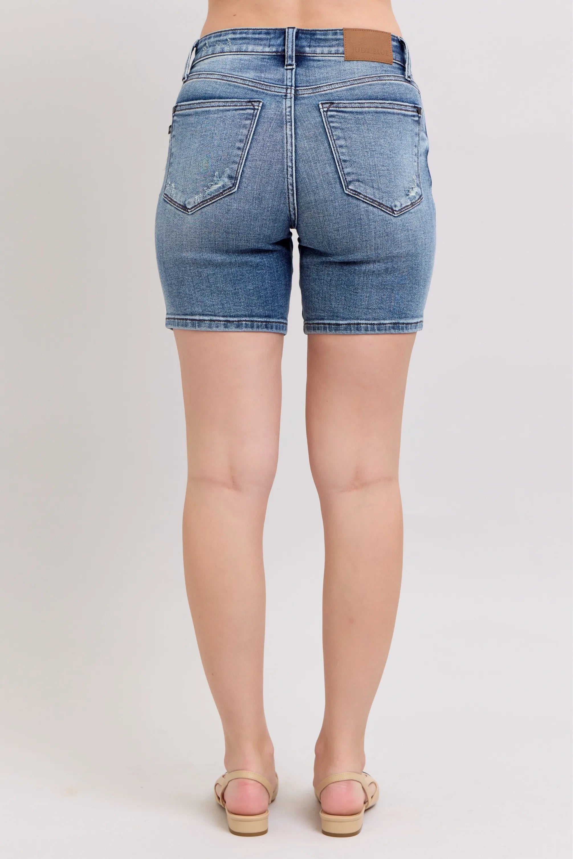 Judy Blue Button Fly Mid Length Denim Shorts W/ Destroy | Shorts Daverri Fashions