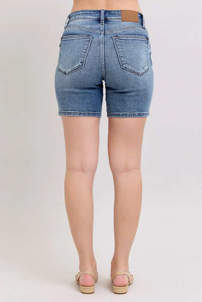 Judy Blue Button Fly Mid Length Denim Shorts W/ Destroy - DAVERRI FASHIONS