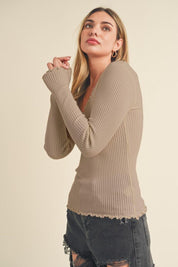 Khaki Aemi + Co Lettuce Hem Scoop Neck Long Sleeve Knit Top | Tops Daverri Fashions