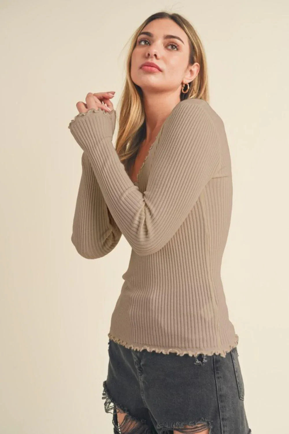 Aemi + Co Lettuce Hem Scoop Neck Long Sleeve Knit Top - DAVERRI FASHIONS