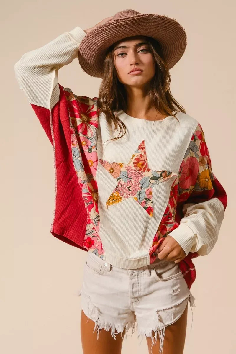 BiBi Floral Print Mixed Star Patch Round Neck Sweatshirt - DAVERRI FASHIONS