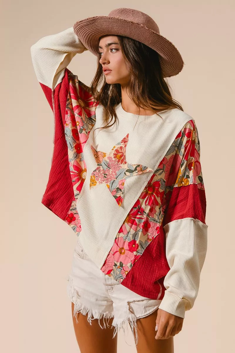 BiBi floral print mixed star patch round neck sweatshirt in red and white