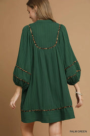 Umgee Textured Babydoll Dress with Leopard Trim | Daverri Fashions