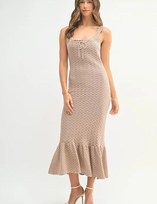 MABLE Ruffled Hem Sleeveless Crochet Knit Midi Dress | Midi Dresses Daverri Fashions