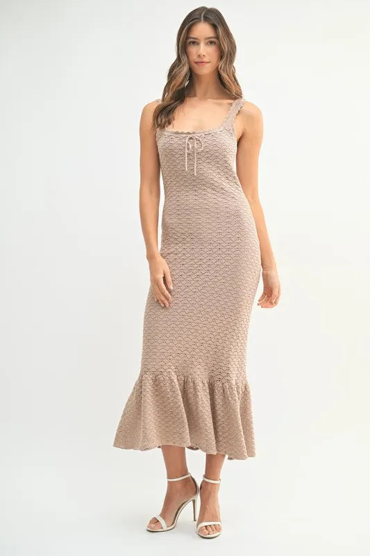 MABLE Ruffled Hem Sleeveless Crochet Knit Midi Dress Midi Dresses