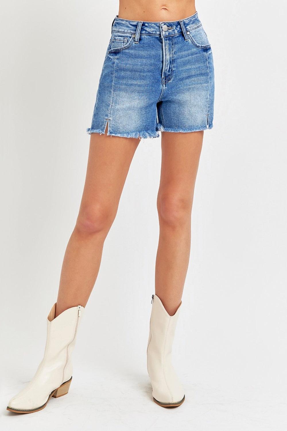 Front Slit Raw Hem Denim Shorts Shorts