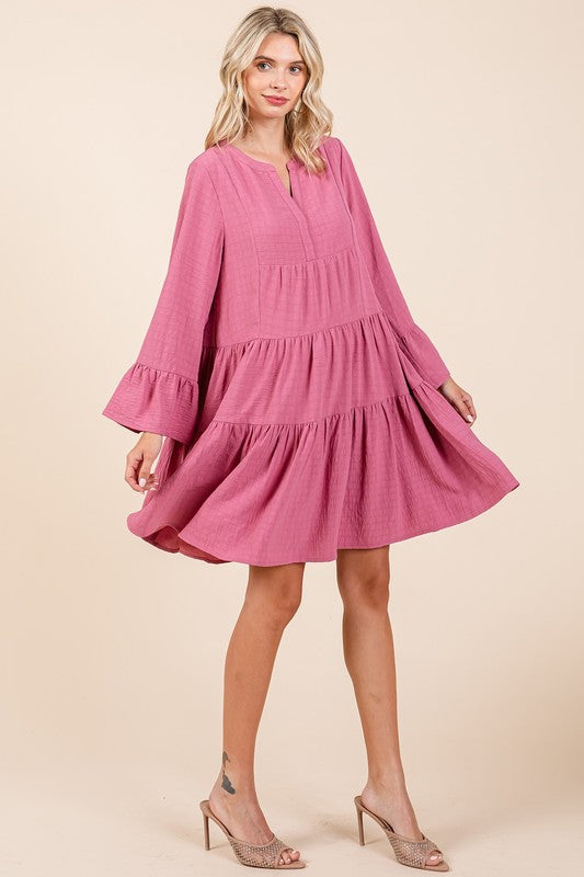 Mittoshop Tiered Notched Flare Sleeve Dress