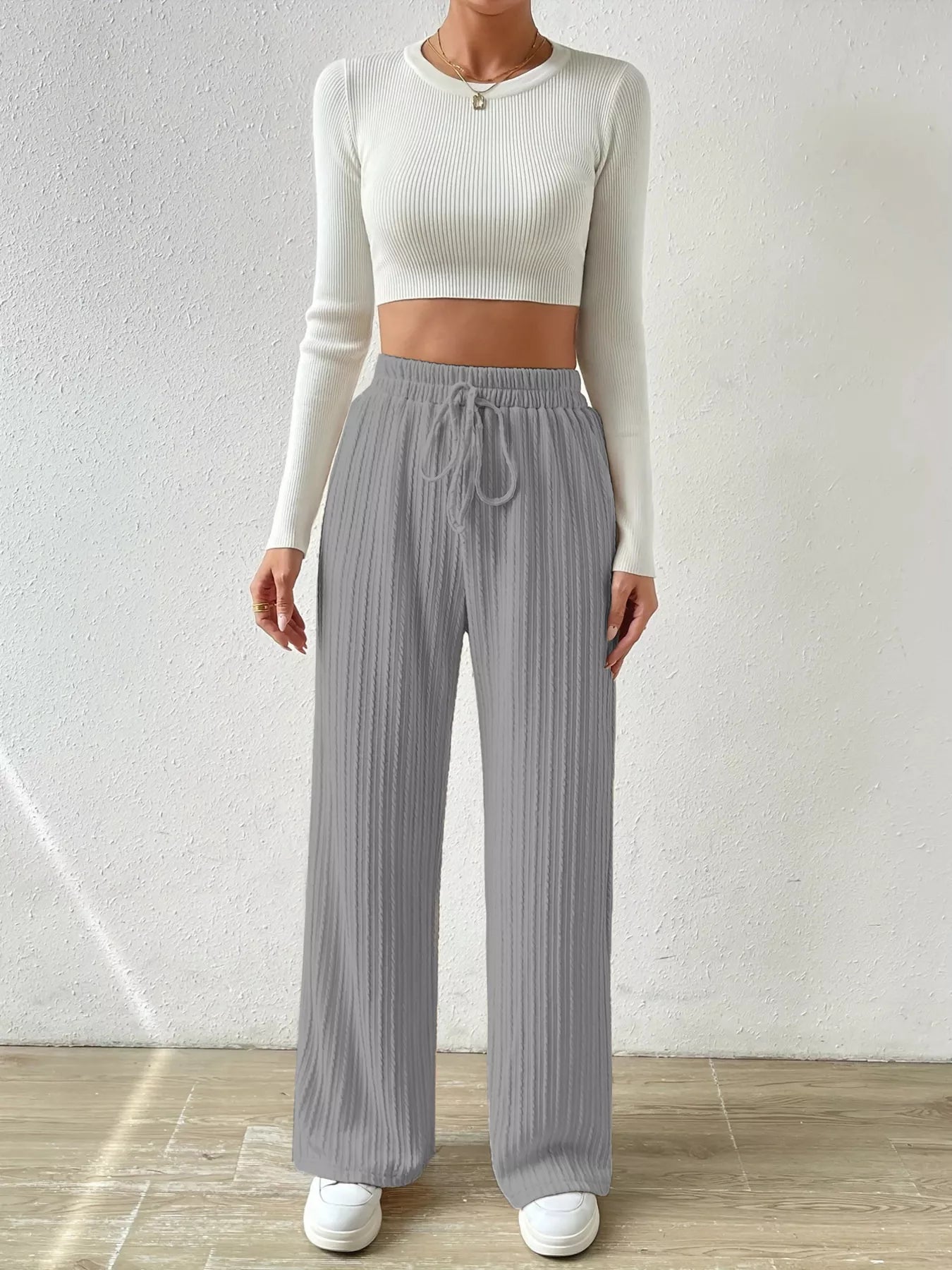 Gray Drawstring Wide Leg Pants | Lounge Pants Daverri Fashions