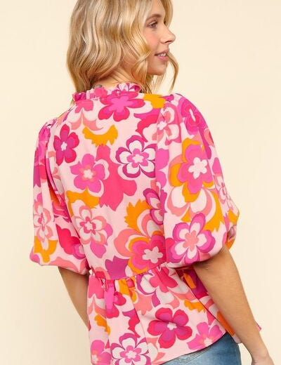 Haptics Full Size Frill Floral Puff Sleeve Blouse