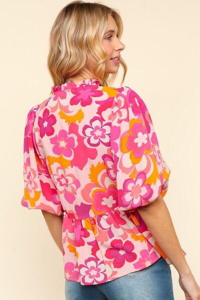 Haptics Full Size Frill Floral Puff Sleeve Blouse Blouses