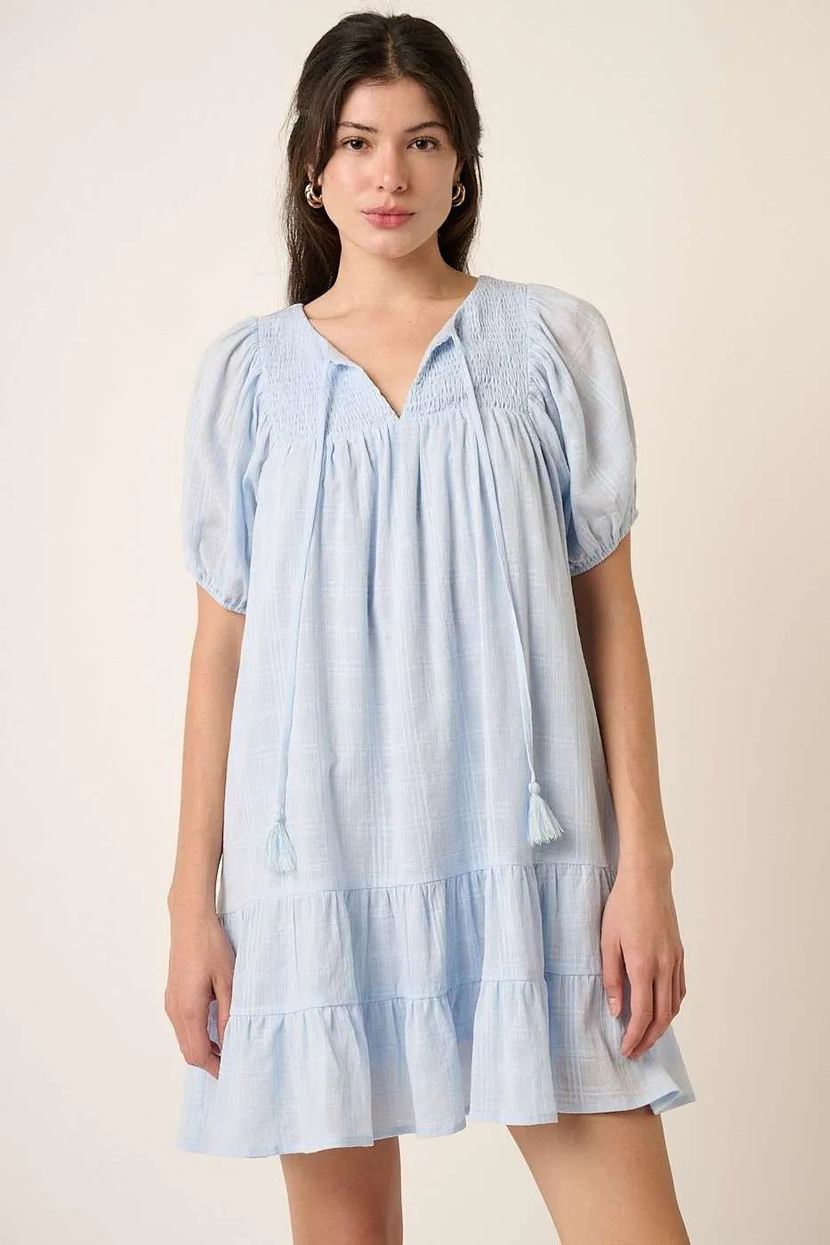 Light blue tiered Mittoshop tassel tie plaid gauze mini dress with smocking