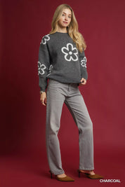 Umgee Round Neck Sweater with Pink Floral Accents | Sweaters Daverri Fashions