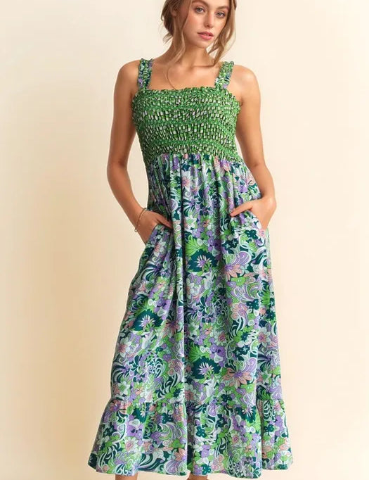 Davi & Dani Multi Smocked Bodice Geo Ruffle Strappy Midi Dress | Midi Dresses Daverri Fashions