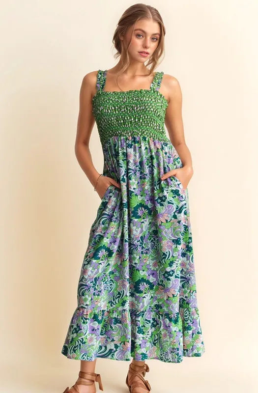 Davi & Dani Multi Smocked Bodice Geo Ruffle Strappy Midi Dress Midi Dresses