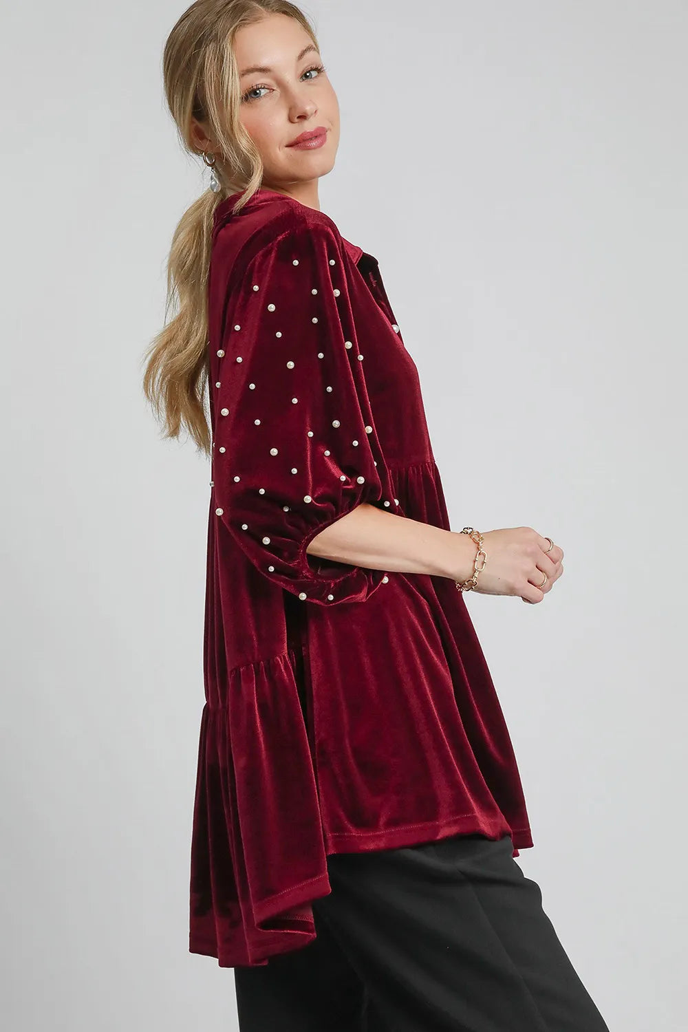Umgee Pearl Detail Collared Neck Velvet Babydoll Blouse | Blouses Daverri Fashions