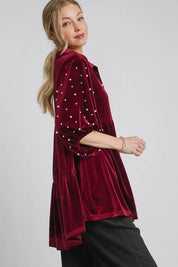 Umgee Pearl Detail Collared Neck Velvet Babydoll Blouse | Blouses Daverri Fashions