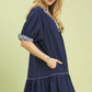 Navy blue Umgee French terry mini dress with ruffled striped trim