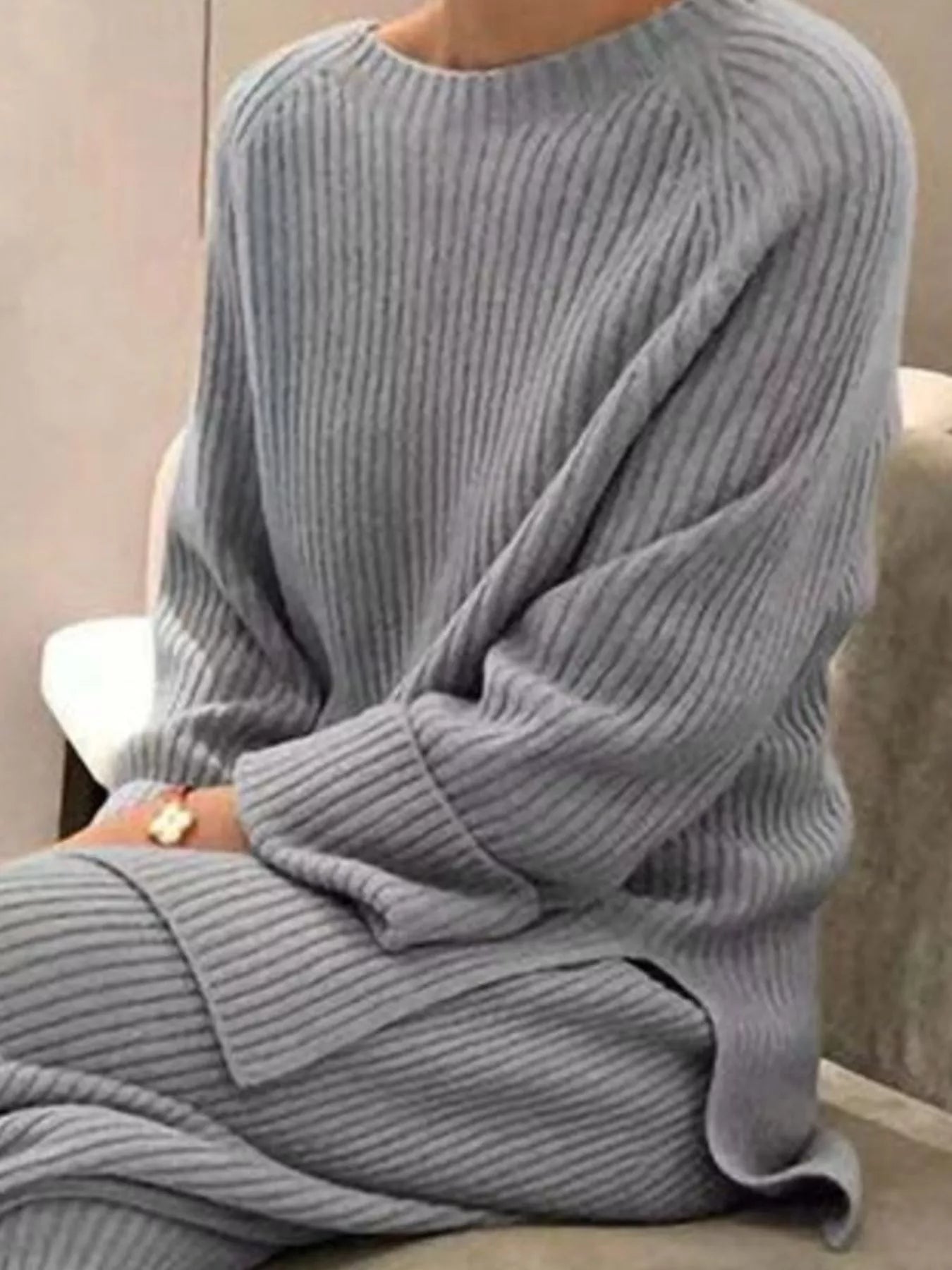 Cozy light gray ribbed knit relaxed fit sweatsuit set plus size