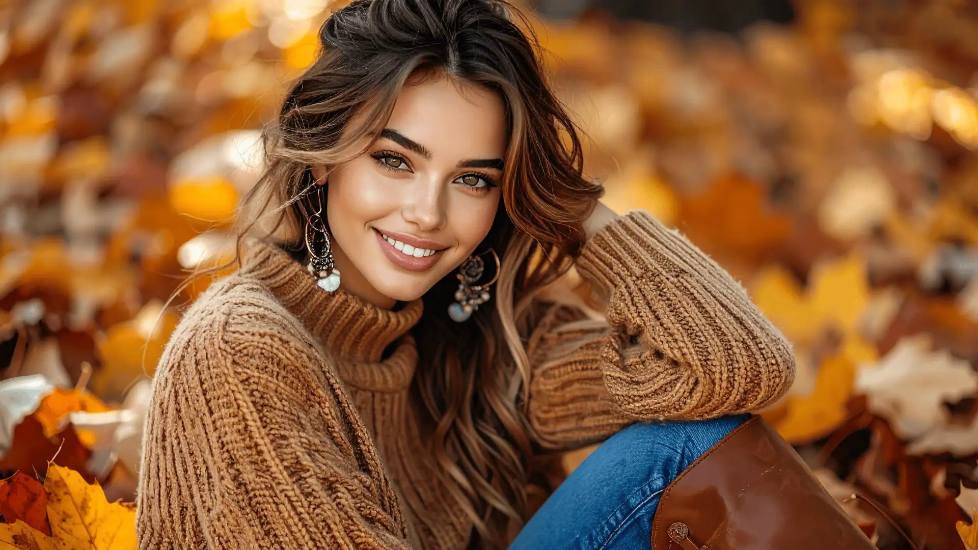 Woman in a brown sweater sitting among autumn leaves