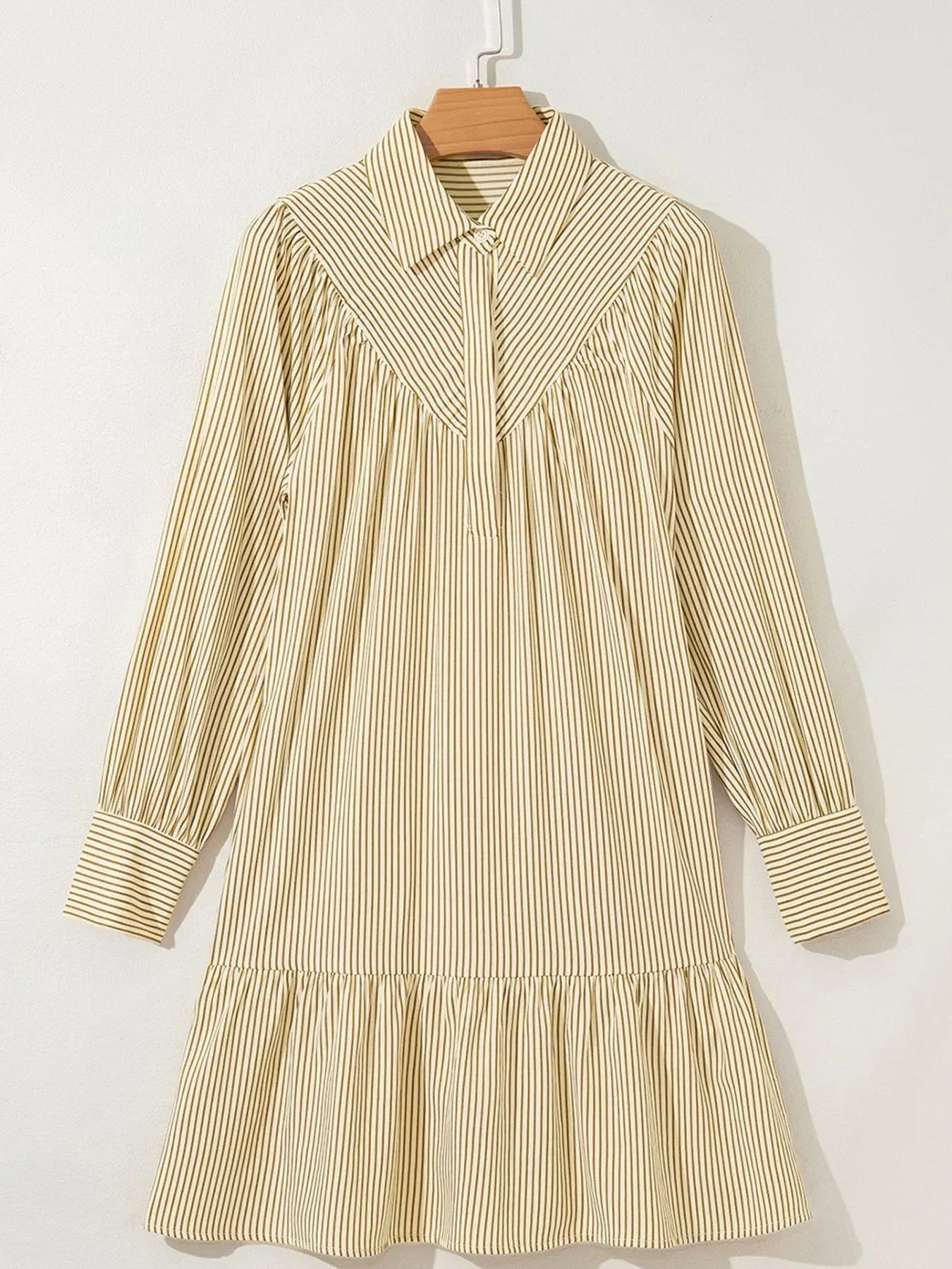 Stripe Collared Neck Cuffed Long Sleeve Drop Waist Mini Dress - DAVERRI FASHIONS