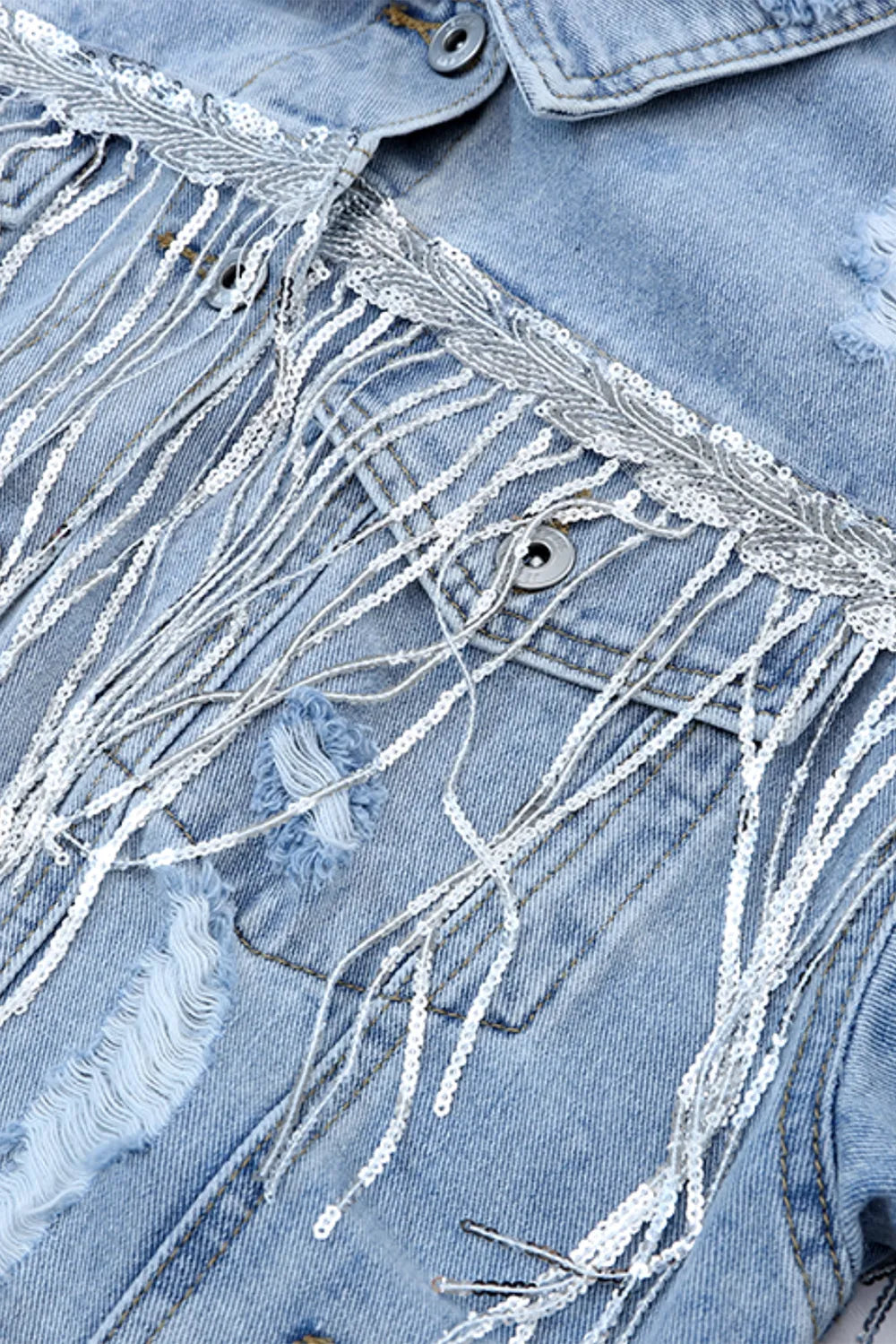 Sequin Fringe Trim Distressed Button Up Denim Jacket | Denim Jackets Daverri Fashions