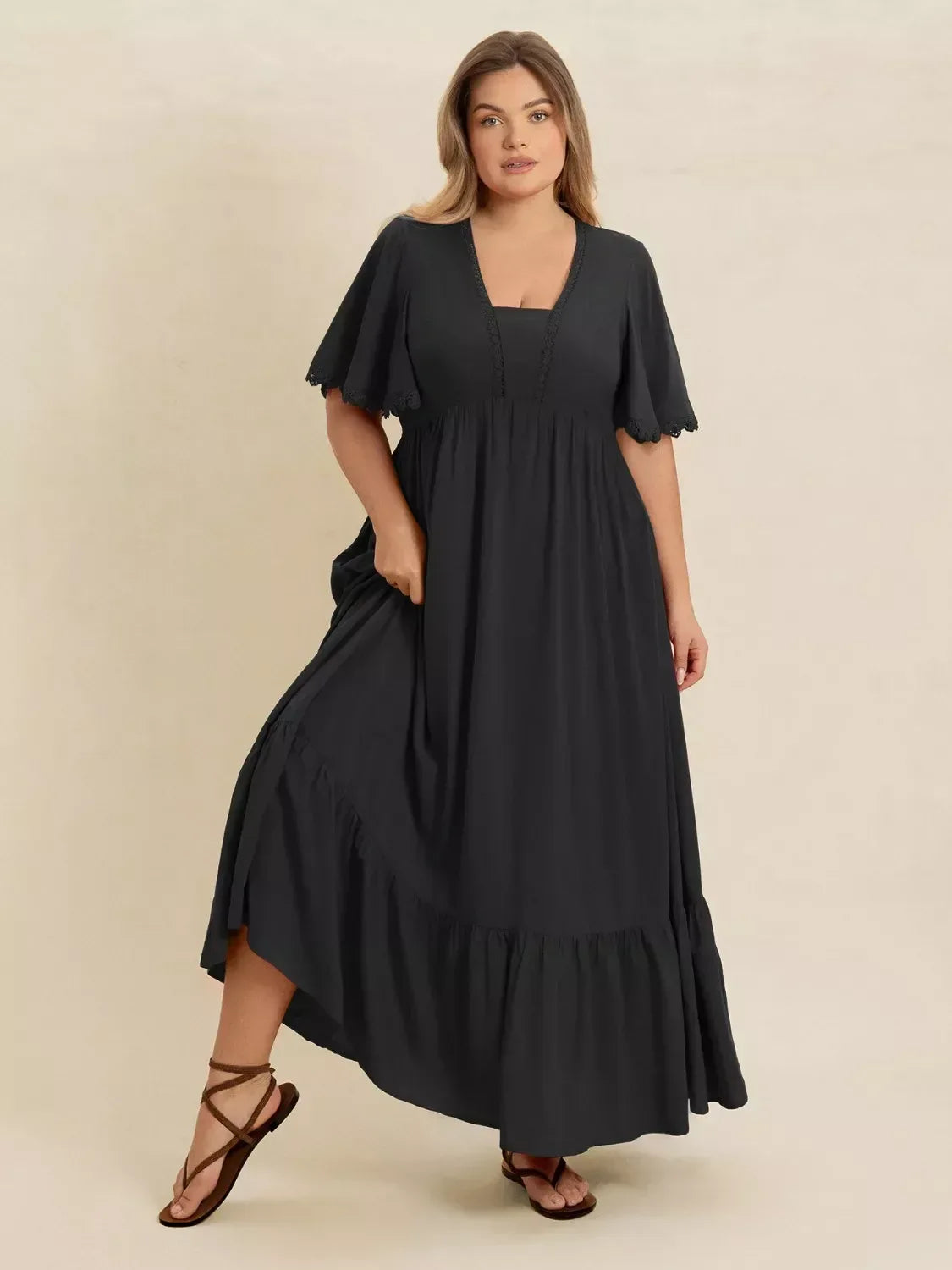 Plus Size Boho Ruffled Maxi Dress with Flutter Sleeves - DAVERRI FASHIONS