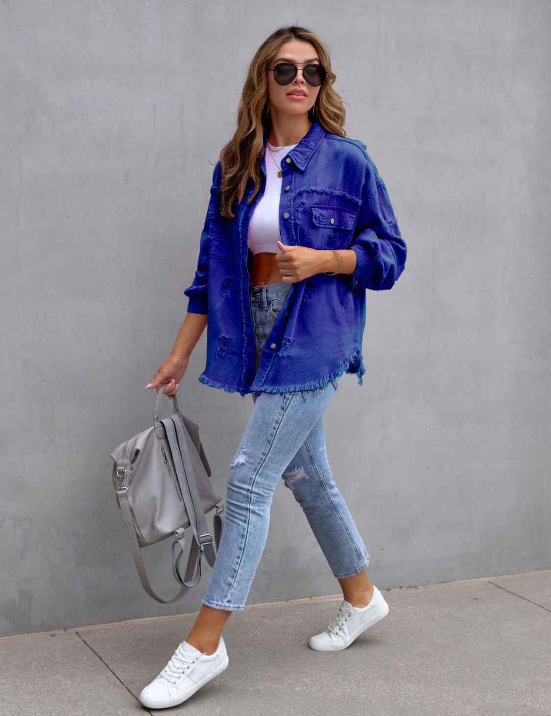 Distressed Drop Shoulder Denim Jacket | Denim Jackets Daverri Fashions