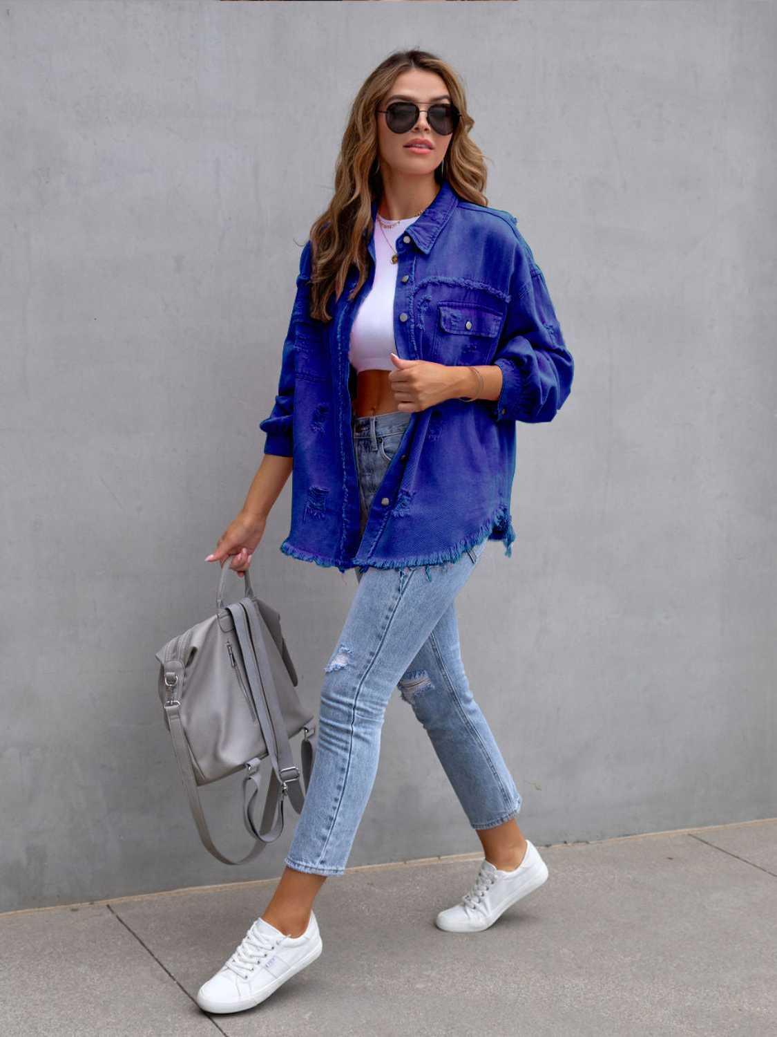 Distressed Drop Shoulder Denim Jacket - DAVERRI FASHIONS