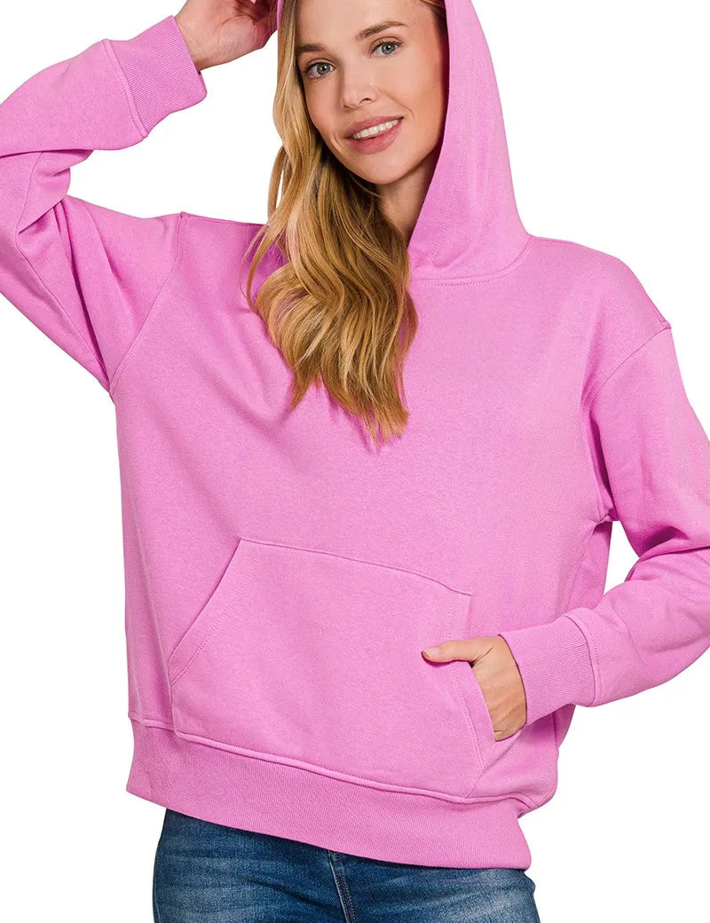 Zenana Fleece Kangaroo Pocket Hoodie in bright mauve