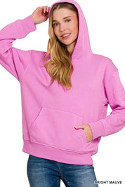 Zenana Fleece Kangaroo Pocket Hoodie in bright mauve