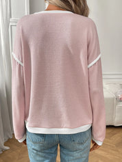 Ribbed Contrast Trim Long Sleeve Top | Knit Tops Daverri Fashions