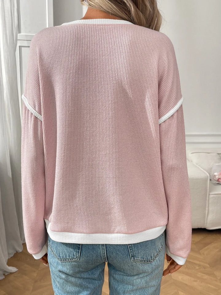 Ribbed Contrast Trim Long Sleeve Top | Knit Tops Daverri Fashions