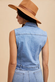 Annie Wear Collared Neck Button Down Denim Vest Tops