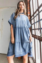 Mittoshop Washed Chambray Denim Oversized Tier Mini Dress