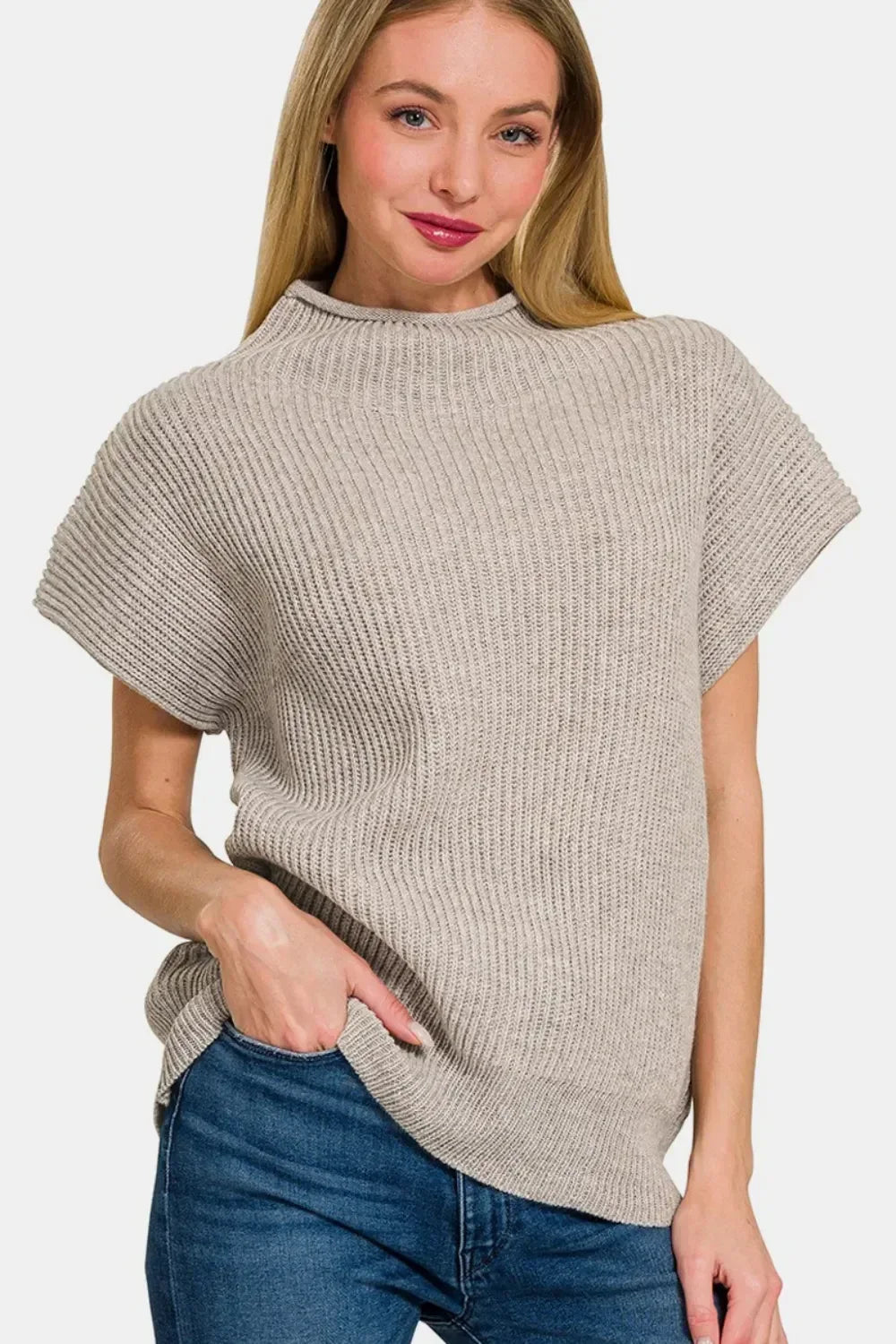 Zenana Short Sleeve Mock Neck Sweater - DAVERRI FASHIONS