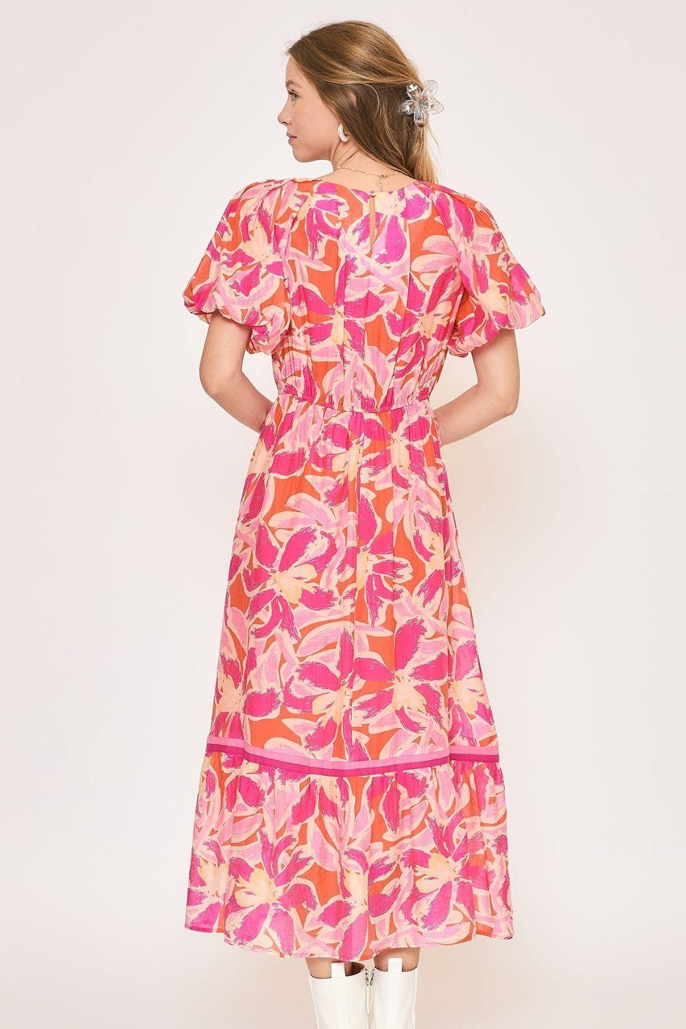Umgee Floral Notched Puff Sleeve Midi Dress Midi Dresses