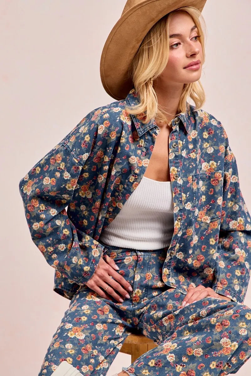 BiBi Washed Floral Print Denim Jacket Shackets